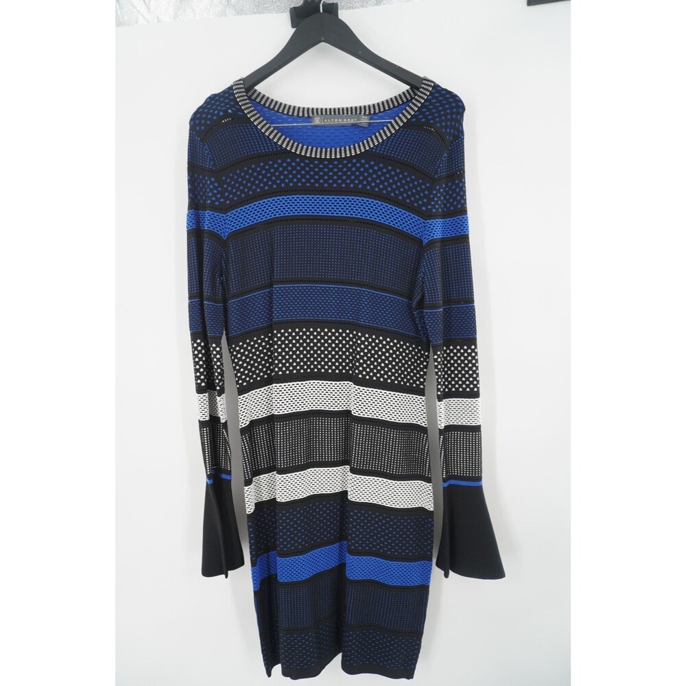 Alton Gray Multi-Stripe Knit Bodycon Dress Flare Bell Sleeves/Texture Detail XL
